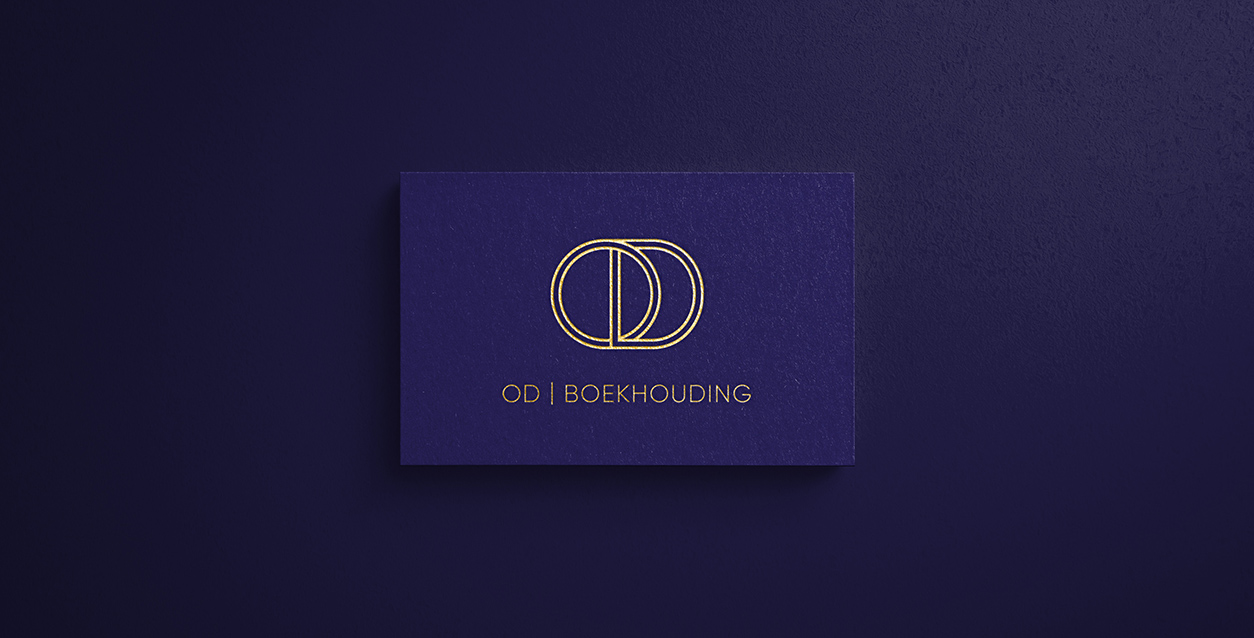 a blue business card with gold text